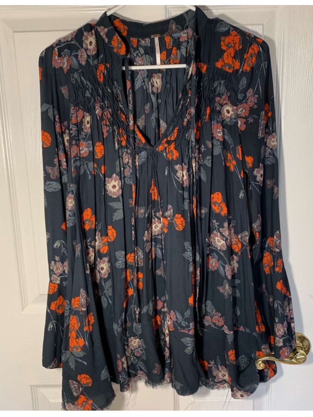 Free People So Fine pebble crepe smocked tunic top in navy
